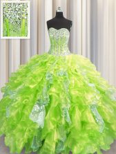 Fine Visible Boning Yellow Green Organza and Sequined Lace Up Sweetheart Sleeveless Floor Length Quinceanera Gown Beading and Ruffles and Sequins