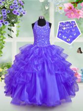  Halter Top Sleeveless Organza Lace Up Little Girls Pageant Dress in Blue with Beading and Ruffled Layers
