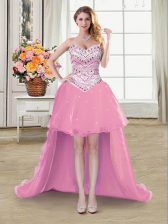  Pink Organza Lace Up Sweetheart Sleeveless High Low Prom Dress Beading