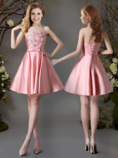  Sleeveless Satin Mini Length Lace Up Quinceanera Dama Dress in Pink with Appliques and Bowknot