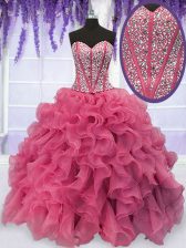 Sophisticated Pink Sleeveless Beading and Ruffles Floor Length Quinceanera Dress