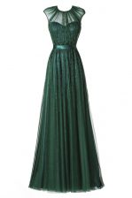 Pretty Scoop Dark Green A-line Beading and Pleated Zipper Tulle Cap Sleeves Floor Length
