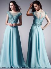  Chiffon Scoop Cap Sleeves Zipper Appliques Prom Evening Gown in Light Blue