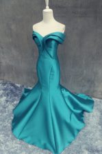  Mermaid Satin Sleeveless Dress for Prom Brush Train and Ruching