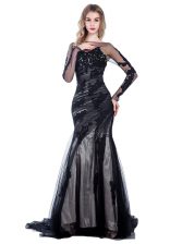  Mermaid With Train Black Dress for Prom Tulle Court Train Long Sleeves Lace