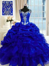  Royal Blue Ball Gowns Beading and Ruffles and Pick Ups Vestidos de Quinceanera Lace Up Organza Sleeveless Floor Length