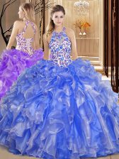  Scoop Blue Organza Backless 15th Birthday Dress Sleeveless Floor Length Embroidery and Ruffles