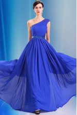  One Shoulder Royal Blue Sleeveless Floor Length Ruching and Belt Side Zipper Dress for Prom