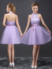  Halter Top Lavender Sleeveless Lace and Belt Mini Length Quinceanera Court Dresses