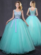 Aqua Blue Ball Gown Prom Dress Military Ball and Sweet 16 and Quinceanera with Appliques and Belt Scoop Sleeveless Lace Up