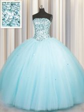 Custom Designed Really Puffy Aqua Blue Sleeveless Floor Length Beading and Sequins Lace Up Quinceanera Gowns