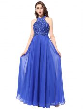  Blue Backless Halter Top Beading and Lace Prom Gown Chiffon Sleeveless