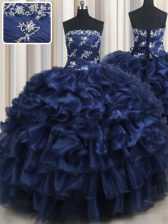 Vintage Navy Blue Strapless Neckline Appliques and Ruffles and Pick Ups 15th Birthday Dress Sleeveless Lace Up