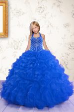  Halter Top Sleeveless Child Pageant Dress Floor Length Beading and Ruffles Royal Blue Organza