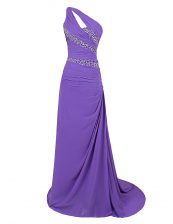  One Shoulder Purple Sleeveless Brush Train Beading Prom Gown