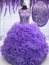 Luxury Scoop Sleeveless Sweet 16 Quinceanera Dress Floor Length Beading and Ruffles Lavender Organza