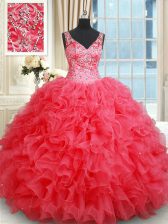  Coral Red Quinceanera Gown Military Ball and Sweet 16 and Quinceanera with Beading and Ruffles V-neck Sleeveless Backless