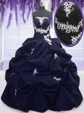 Suitable Navy Blue Strapless Lace Up Appliques and Pick Ups 15th Birthday Dress Sleeveless