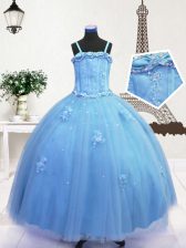  Baby Blue Spaghetti Straps Zipper Beading and Appliques Little Girl Pageant Gowns Sleeveless