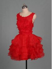  Red Organza Zipper Scoop Sleeveless Mini Length Evening Dress Appliques