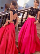  Scoop Red Cap Sleeves Floor Length Lace Backless Dress for Prom