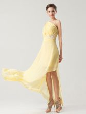 Modest One Shoulder Light Yellow Sleeveless Ankle Length Beading and Ruching Side Zipper Prom Gown