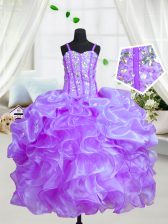 Latest Floor Length Eggplant Purple Little Girl Pageant Gowns Organza Sleeveless Beading and Ruffles