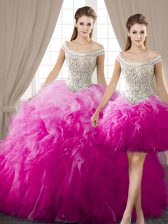 Wonderful Three Piece Off the Shoulder Fuchsia Lace Up Quinceanera Gowns Beading and Ruffles Sleeveless Floor Length