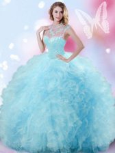 Latest Sleeveless Floor Length Beading and Ruffles and Pick Ups Zipper Quince Ball Gowns with Light Blue
