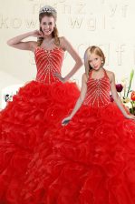 Fancy Sweetheart Sleeveless Lace Up Quinceanera Dress Red Organza