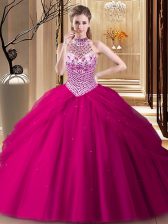 Customized Halter Top With Train Lace Up Sweet 16 Quinceanera Dress Fuchsia for Military Ball and Sweet 16 and Quinceanera with Beading and Pick Ups Brush Train