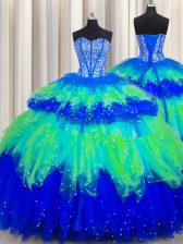  Bling-bling Visible Boning Floor Length Multi-color Quinceanera Dress Tulle Sleeveless Beading and Ruffles and Ruffled Layers and Sequins