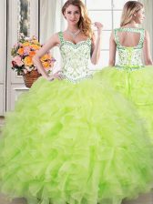 Simple Straps Floor Length Yellow Green Quinceanera Gown Organza Sleeveless Beading and Lace and Ruffles