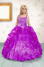  Fuchsia Ball Gowns Beading and Appliques and Pick Ups Little Girls Pageant Dress Lace Up Satin Sleeveless Floor Length