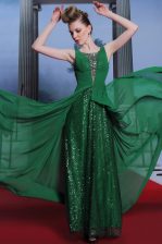 Nice Dark Green Side Zipper Scoop Beading Dress for Prom Chiffon and Sequined Sleeveless