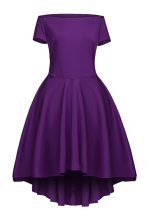 Smart Purple Short Sleeves Satin Side Zipper Dress for Prom for Prom and Party