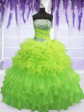  Strapless Sleeveless Quinceanera Gowns Floor Length Beading and Ruffled Layers and Pick Ups Organza