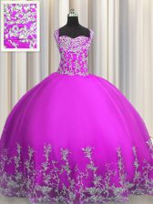 On Sale Fuchsia Tulle Lace Up Straps Sleeveless Floor Length Quinceanera Gowns Beading and Appliques