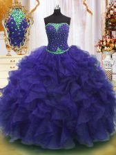 Sweet Purple Strapless Lace Up Beading and Ruffles Quince Ball Gowns Sleeveless
