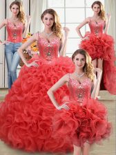  Four Piece Coral Red Zipper Straps Beading and Ruffles 15 Quinceanera Dress Fabric With Rolling Flowers Sleeveless