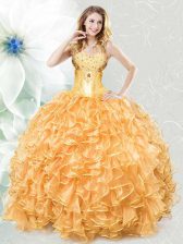 Colorful Floor Length Ball Gowns Sleeveless Gold Sweet 16 Dress Lace Up