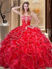 Pretty Coral Red Organza Lace Up Sweet 16 Dress Sleeveless Floor Length Embroidery and Ruffles