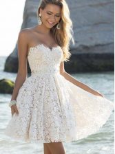 Customized A-line Prom Evening Gown White Sweetheart Lace Sleeveless Mini Length Zipper