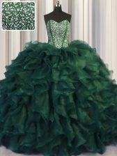  Bling-bling Brush Train Ball Gowns Sweet 16 Quinceanera Dress Dark Green Sweetheart Organza Sleeveless With Train Lace Up