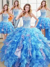 Fine Four Piece Sweetheart Sleeveless 15th Birthday Dress Floor Length Beading and Ruffles and Sequins Baby Blue Organza