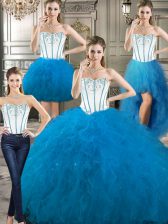 Discount Four Piece Baby Blue Sweetheart Neckline Embroidery and Ruffles Sweet 16 Dresses Sleeveless Lace Up