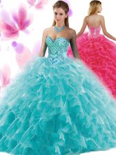  Teal Ball Gowns Organza Sweetheart Sleeveless Beading and Ruffles Floor Length Lace Up Sweet 16 Dress