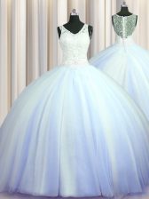 Shining See Through Zipper Up Sleeveless With Train Beading and Appliques Zipper Sweet 16 Dress with Light Blue Brush Train