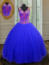 Modest Royal Blue Ball Gowns Tulle V-neck Sleeveless Beading and Sequins Floor Length Zipper Sweet 16 Dress