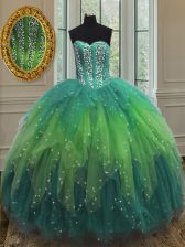  Multi-color Ball Gowns Tulle Sweetheart Sleeveless Beading and Ruffles and Sequins Floor Length Lace Up 15th Birthday Dress